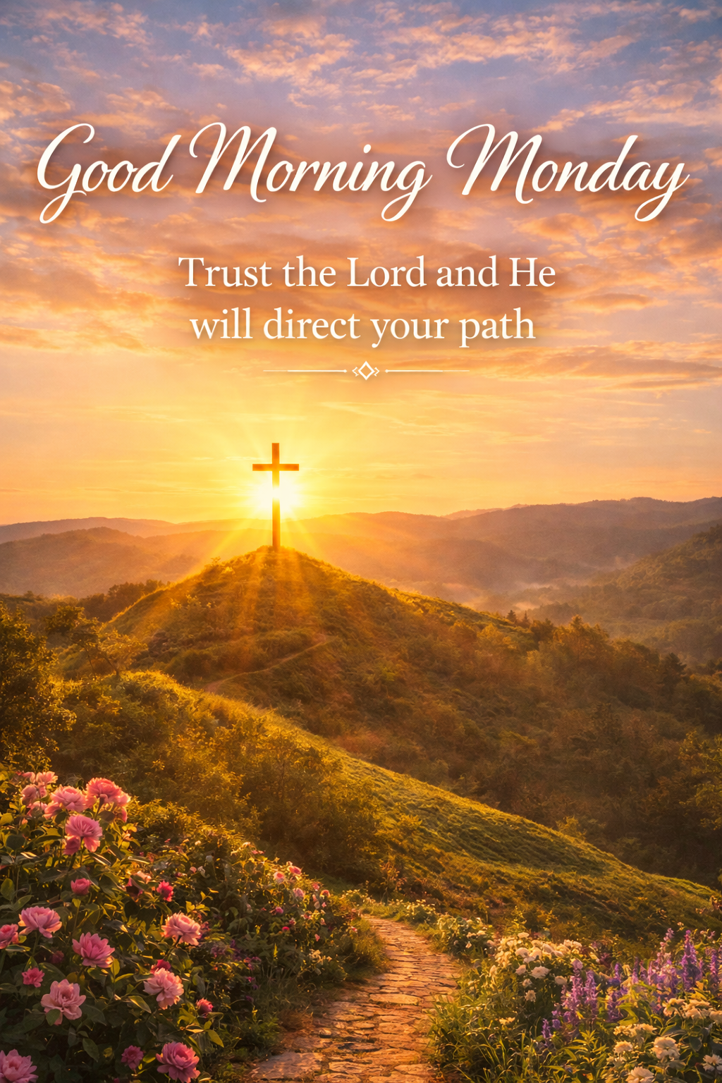 Golden sunrise over green hills with single cross on the hilltop, "Good Morning Monday — Trust the Lord and He will direct your path" in white — WhatsApp blessing